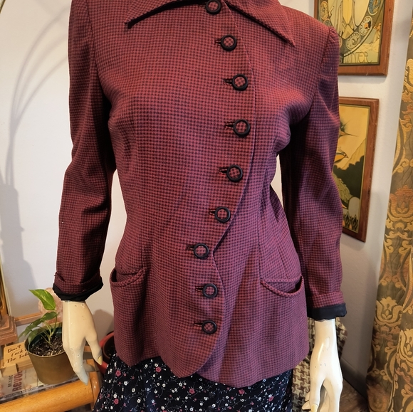 Vtg 1940s Burgundy and Black Blazer Asymmetrical Virgin Wool Miron Woolens - Picture 4 of 14